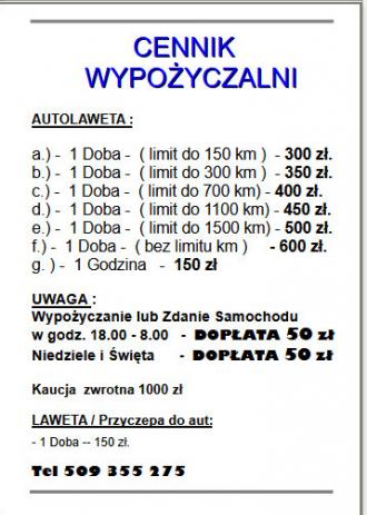 Cennik  Wypożyczalni 