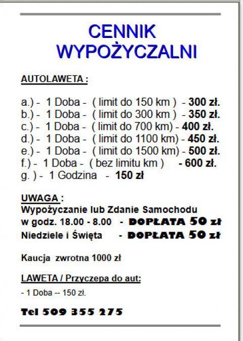 Cennik Wypożyczalni 